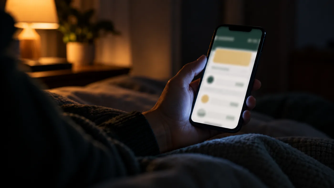 A hand holding a phone in a dark bedroom, the screen glowing