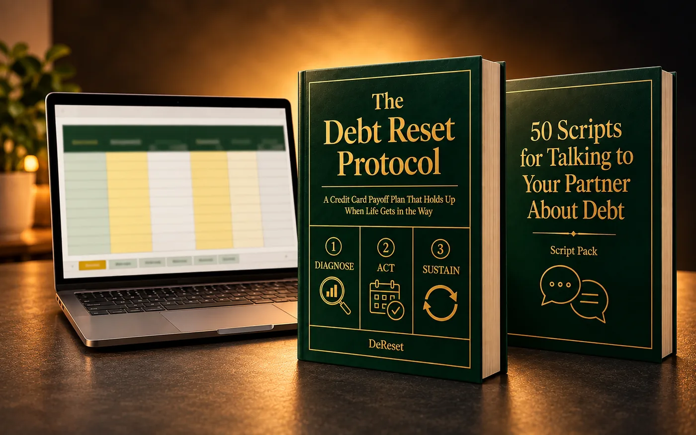 The Debt Reset Protocol guide, the 50 Scripts bonus and the Debt Reset Toolkit on a laptop, shown together