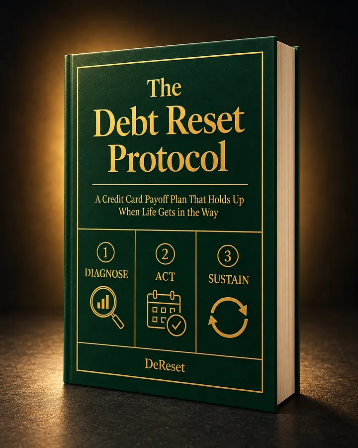 The Debt Reset Protocol guide, shown as a green hardcover book