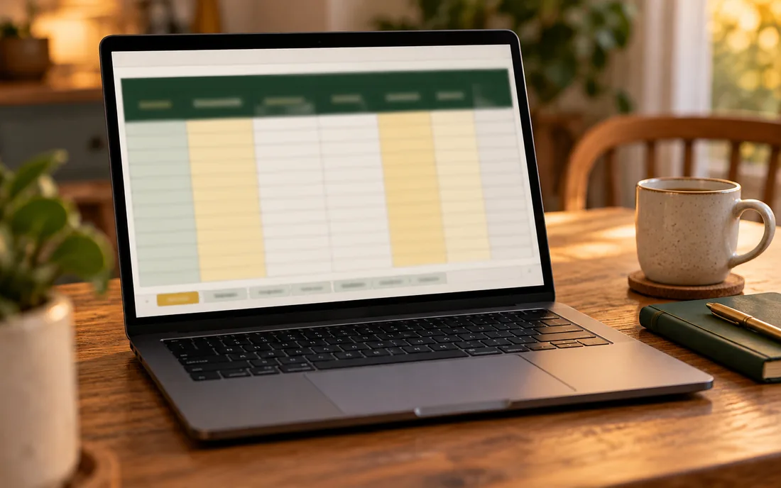 The Debt Reset Toolkit open on a laptop, a spreadsheet with gold input cells