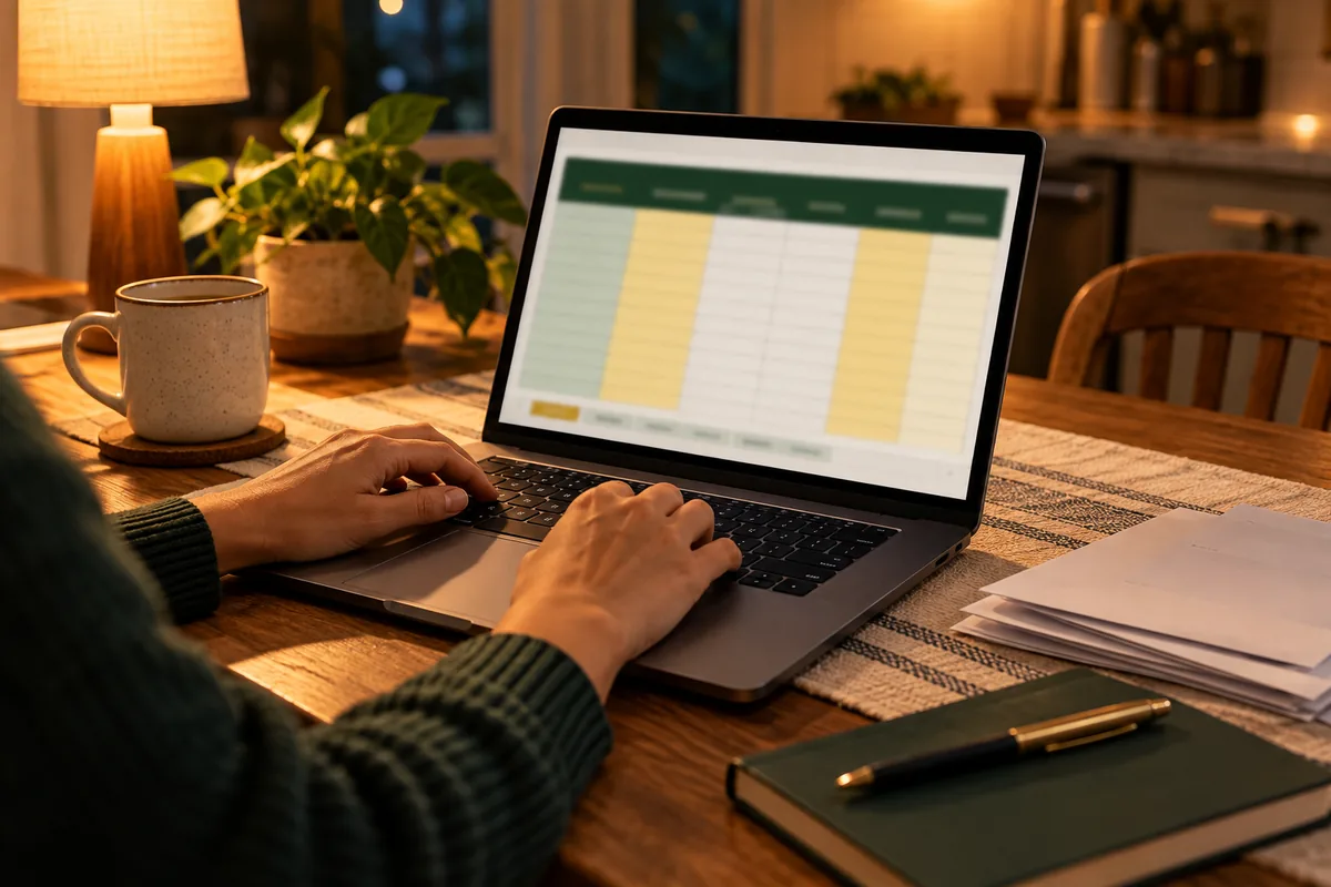 Hands typing at a laptop on a kitchen table in the evening, a spreadsheet open on the screen
