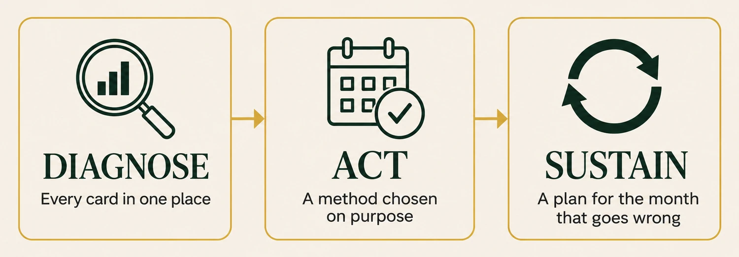 Three phases: Diagnose, every card in one place. Act, a method chosen on purpose. Sustain, a plan for the month that goes wrong.